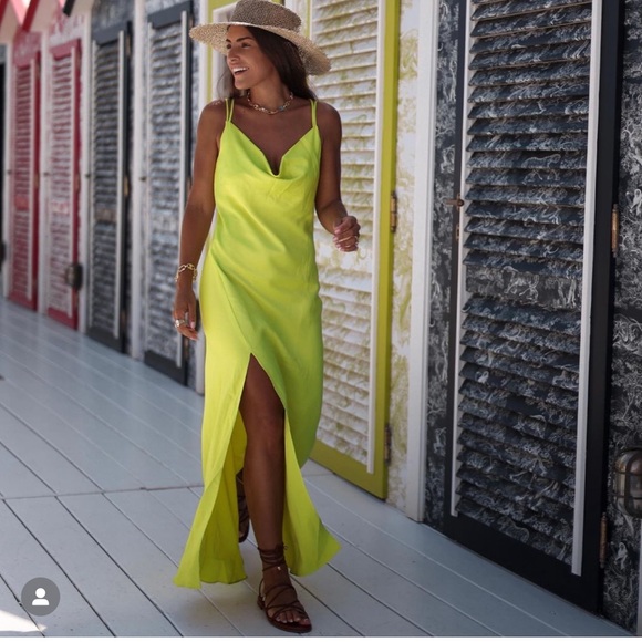 Zara green/ yellowish satin draped split dress - Picture 2 of 12